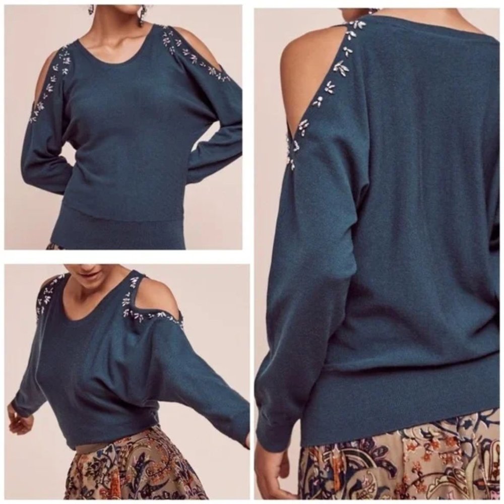 Knitted & Knotted Norwich Open Shoulder Jeweled Sweater Green XS